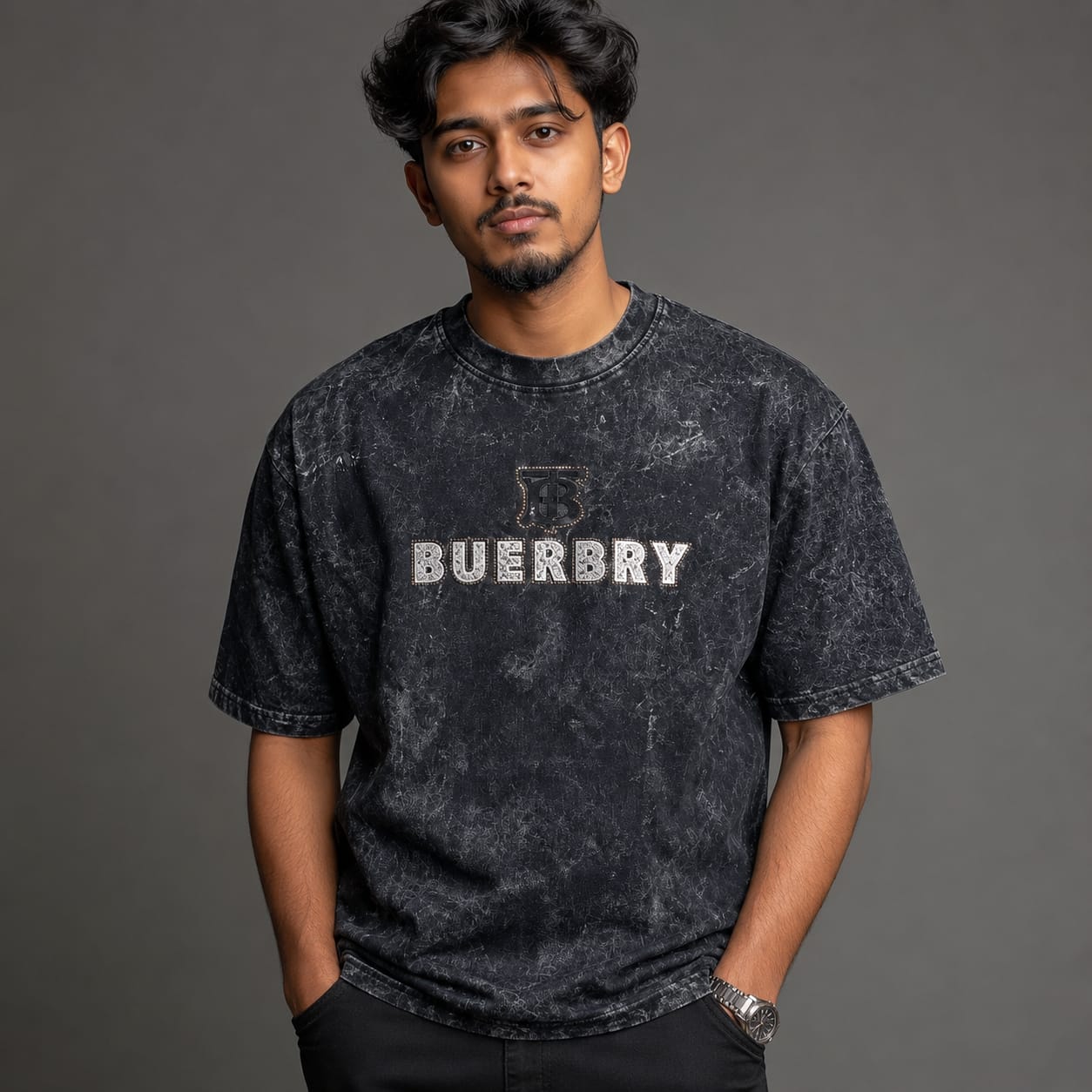 Premium Oversized Acid Wash 'BUERBRY' Graphic Tee